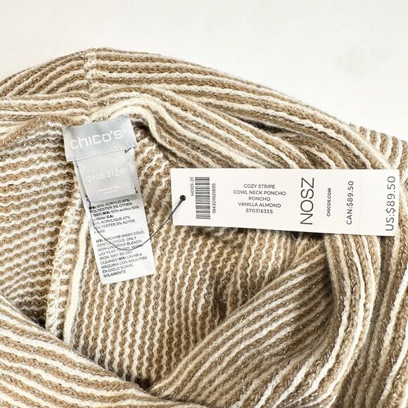 Chicos Cowl Neck Poncho OS Beige/Tan Metallic Striped Knit Sweater Fringe NEW - Picture 7 of 8